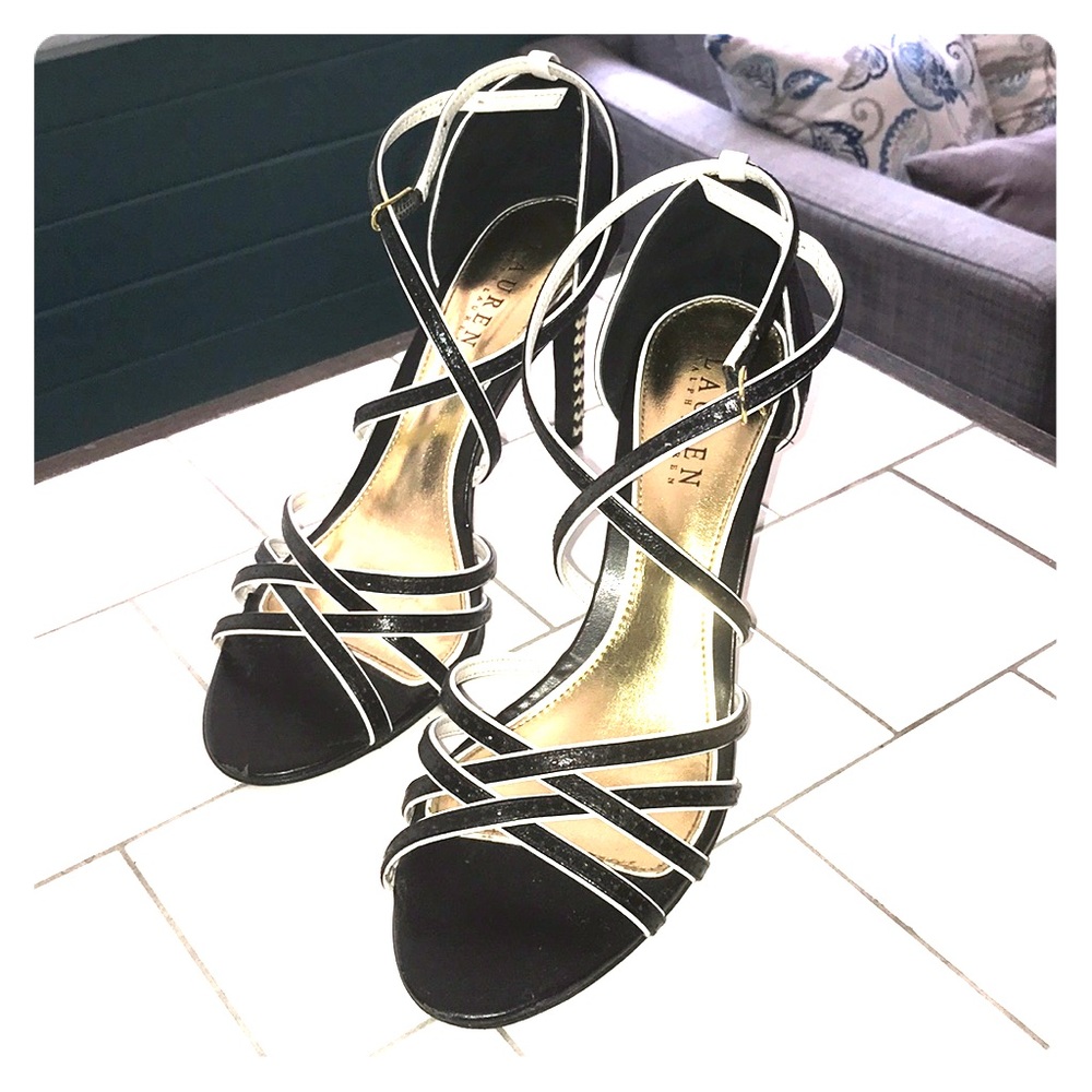 Black and white strappy heels